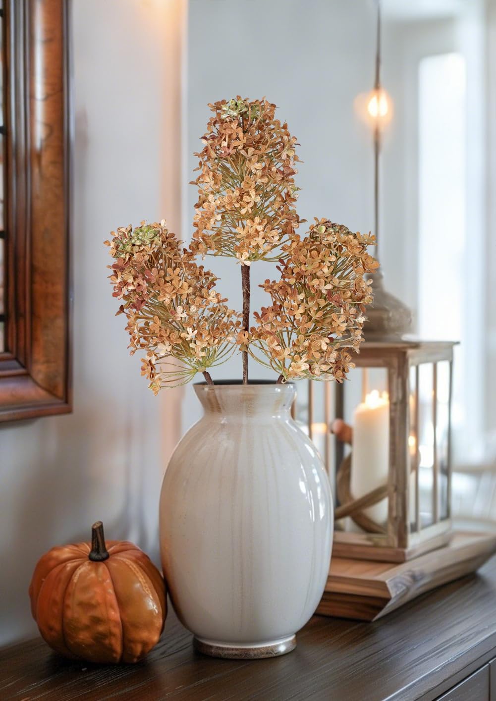 3 Pcs Hydrangea Artificial Flowers Bouquets for Fall Home Decor, 16" Faux Hydrangea Stems with Flower Seeds for Autumn Floral Arrangements Centerpiece & Wedding, Silk Fake Cone Blooms in Light Brown - Image 3