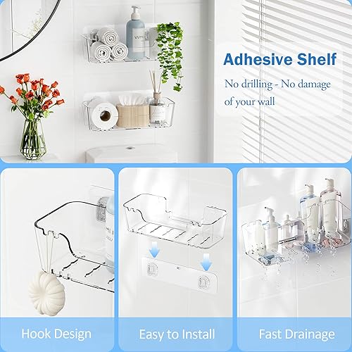 Miniatura 3 de TZAMLI Organizador de ducha de acrílico, estantes adhesivos montados en la pared con labio, organizador de ducha sin perforación, estante