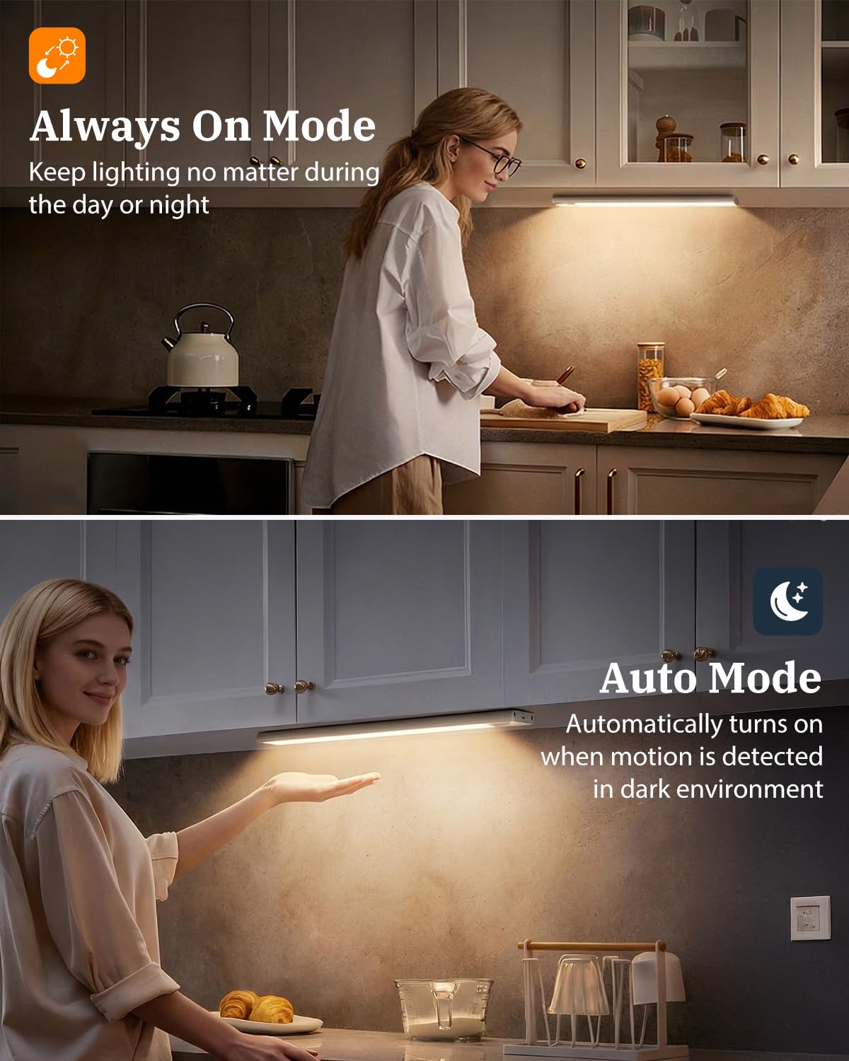 Luces LED de cocina para debajo del gabinete, luces con sensor de movimiento para interiores, luz de armario recargable de 3000 K, 2500 mAh, tira magnética inalámbrica alimentada por USB, luz para