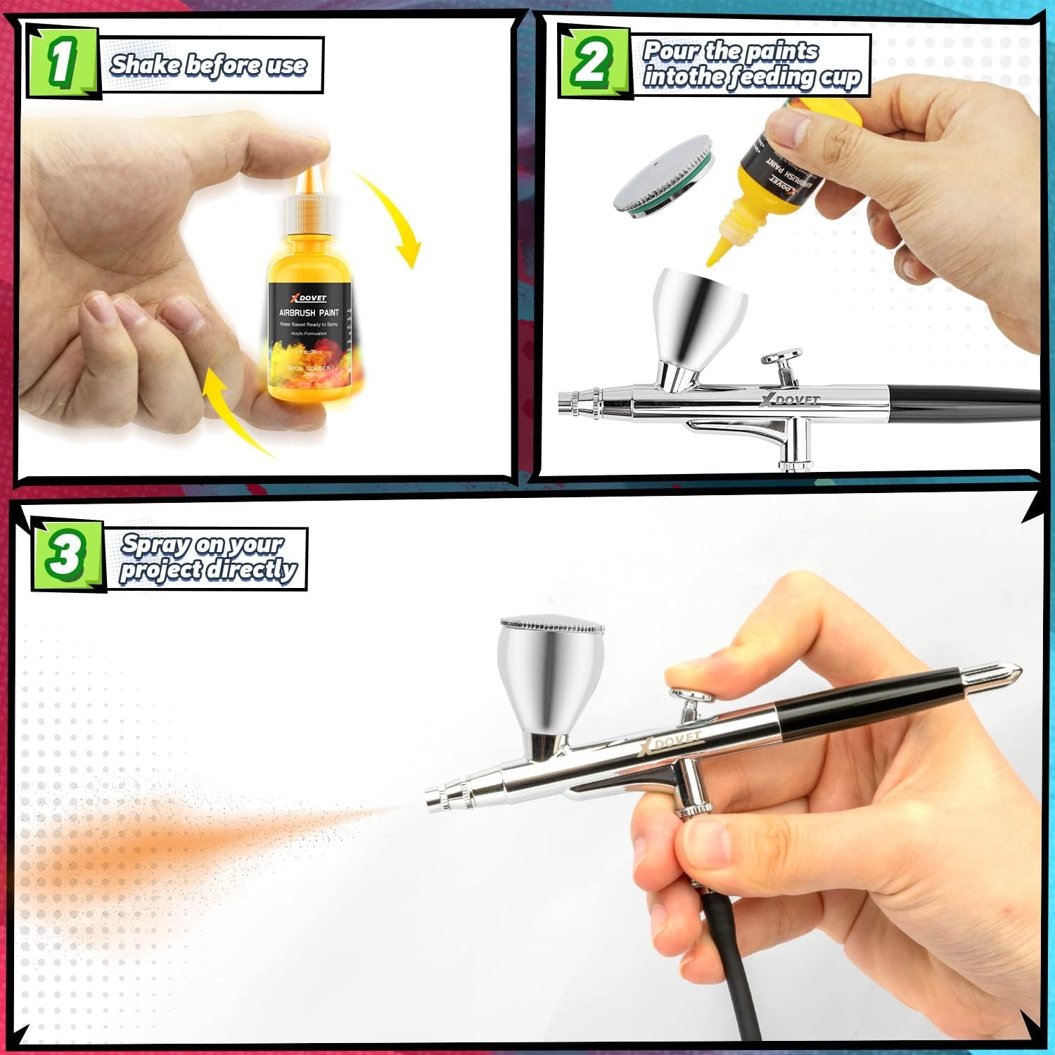 XDOVET Verbessertes 32 PSI Airbrush Set mit Farblack 12 Farben/ 30ml, Dual-Action Airbrush Set mit Modellbau Farbstoffe, Tragbares Airbrush Set mit Kompressor für Färbung