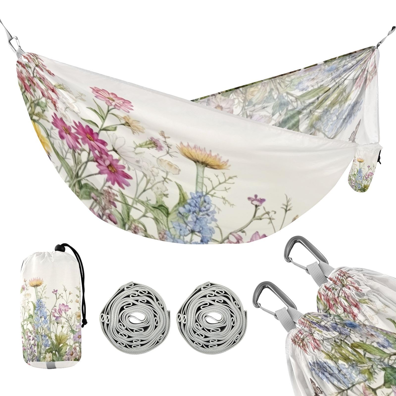 Haskirky Watercolor Flowers Camping Hammock, Single Portable Hammocks with Tree Straps & Attached Carry Bag, 330Lbs Capacity Perfect for Outside Indoor Hiking Beach Backpack Travel
