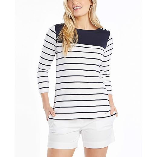 Nautica Women's Boatneck 3/4 Sleeve 100% Cotton Shirt, Indigo, Large