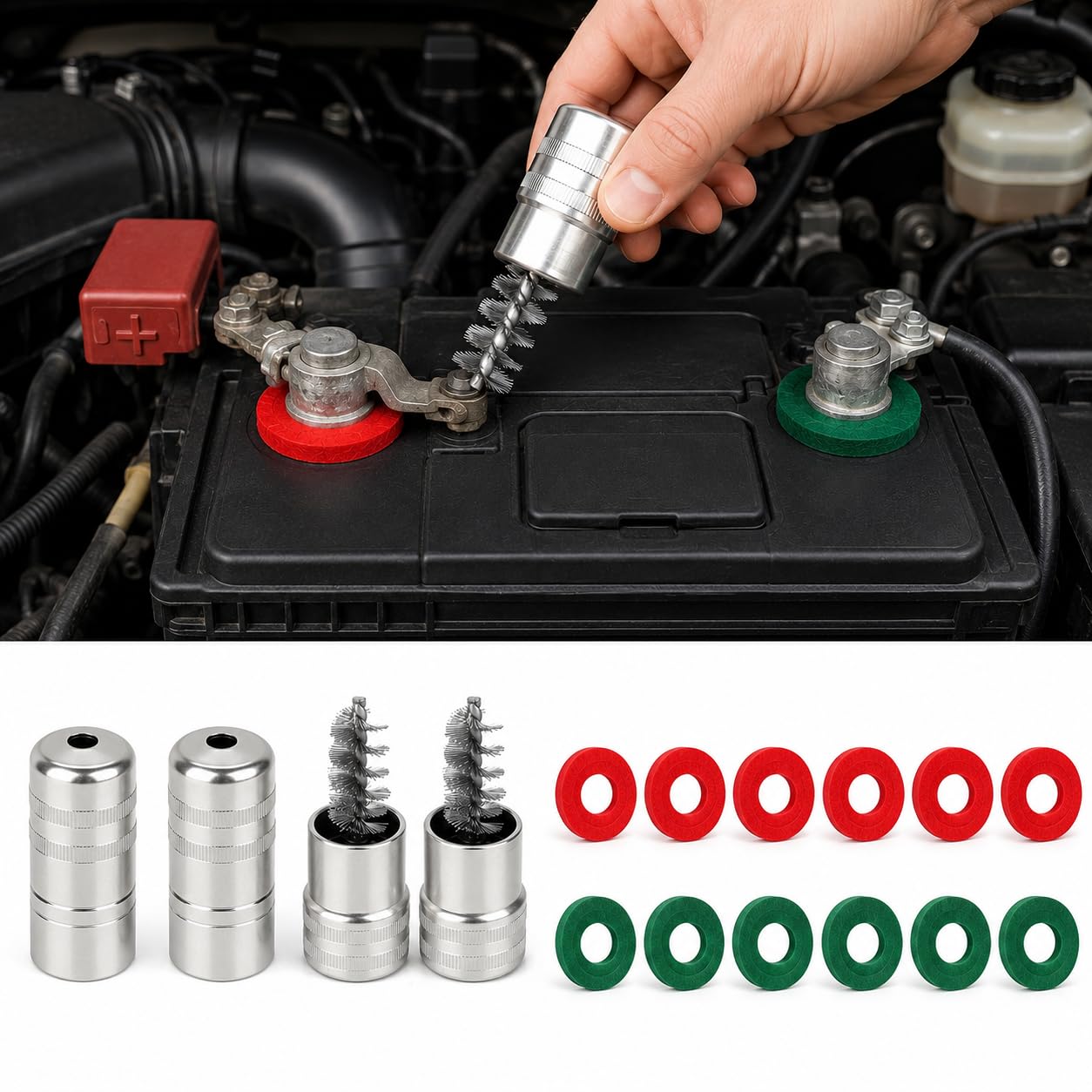 Battery Terminal Cleaner,12PCS Anti Corrosion Washers with 2 Cleaning Brushes, Fiber Terminal Protectors for Car RV Boat Marine Battery Maintenance Accessories-R+G