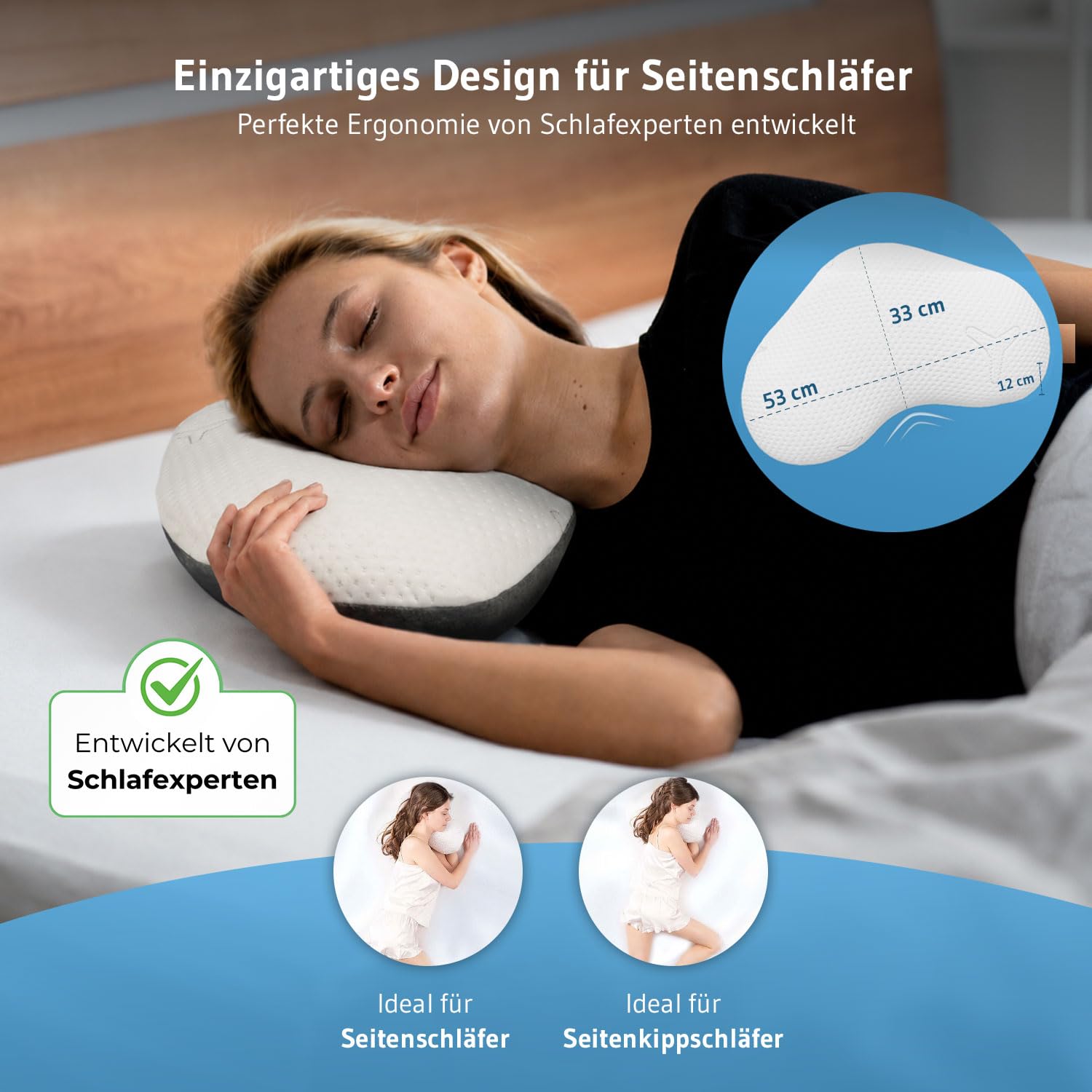 Third of Life Seitenschläfer Kissen mit Intense-Technologie - von Schlafexperten entwickelt, Ergonomisches Memory Foam Kopfkissen für ruhigen Schlaf, HWS Nackenstützkissen für Allergiker geeignet