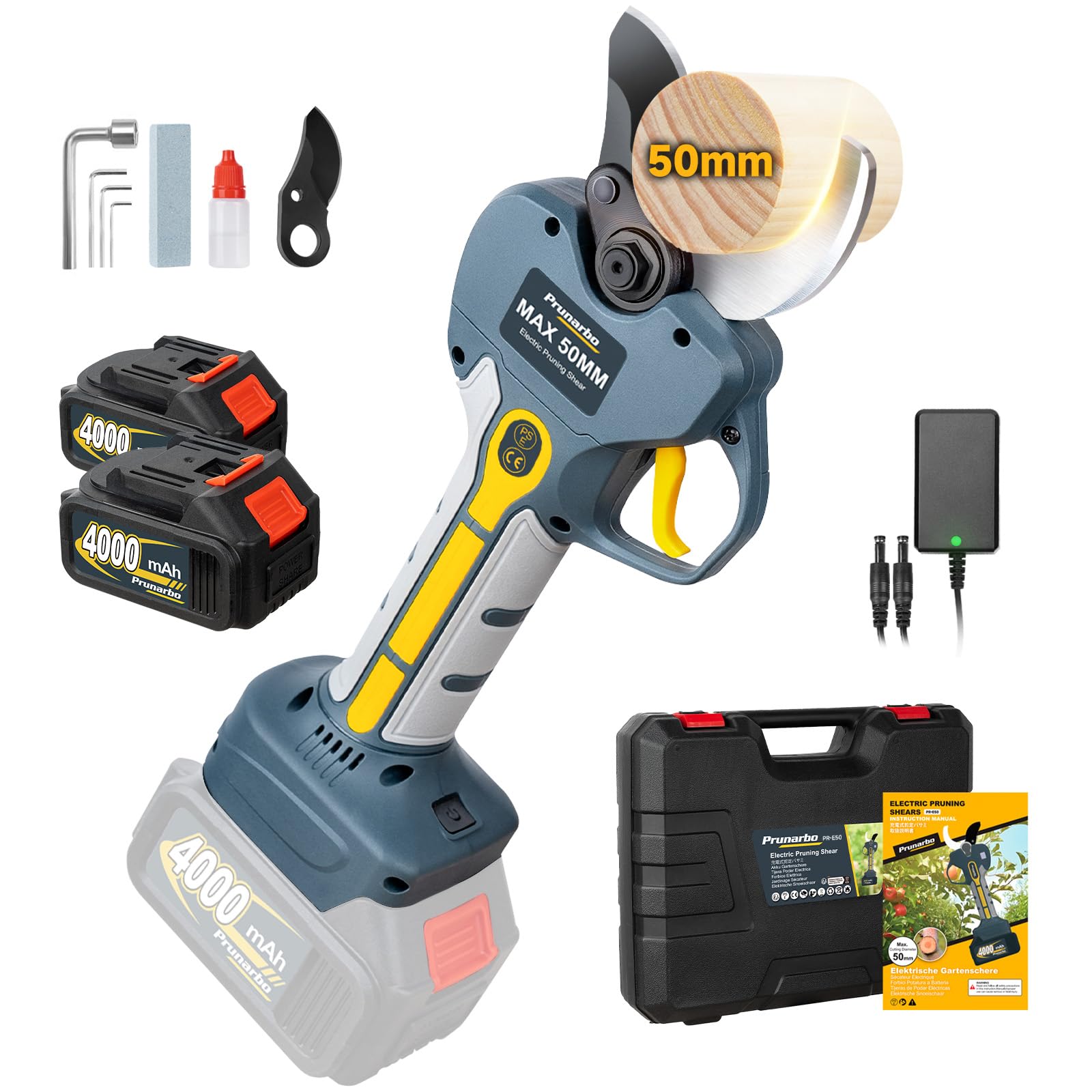Prunarbo Forbici Elettriche a Batteria 50MM 18V Brushless 8000mAh Batteria Display LCD Attrezzi da giardino, Forbici compatibili con Makita Batteries (PR-E50)