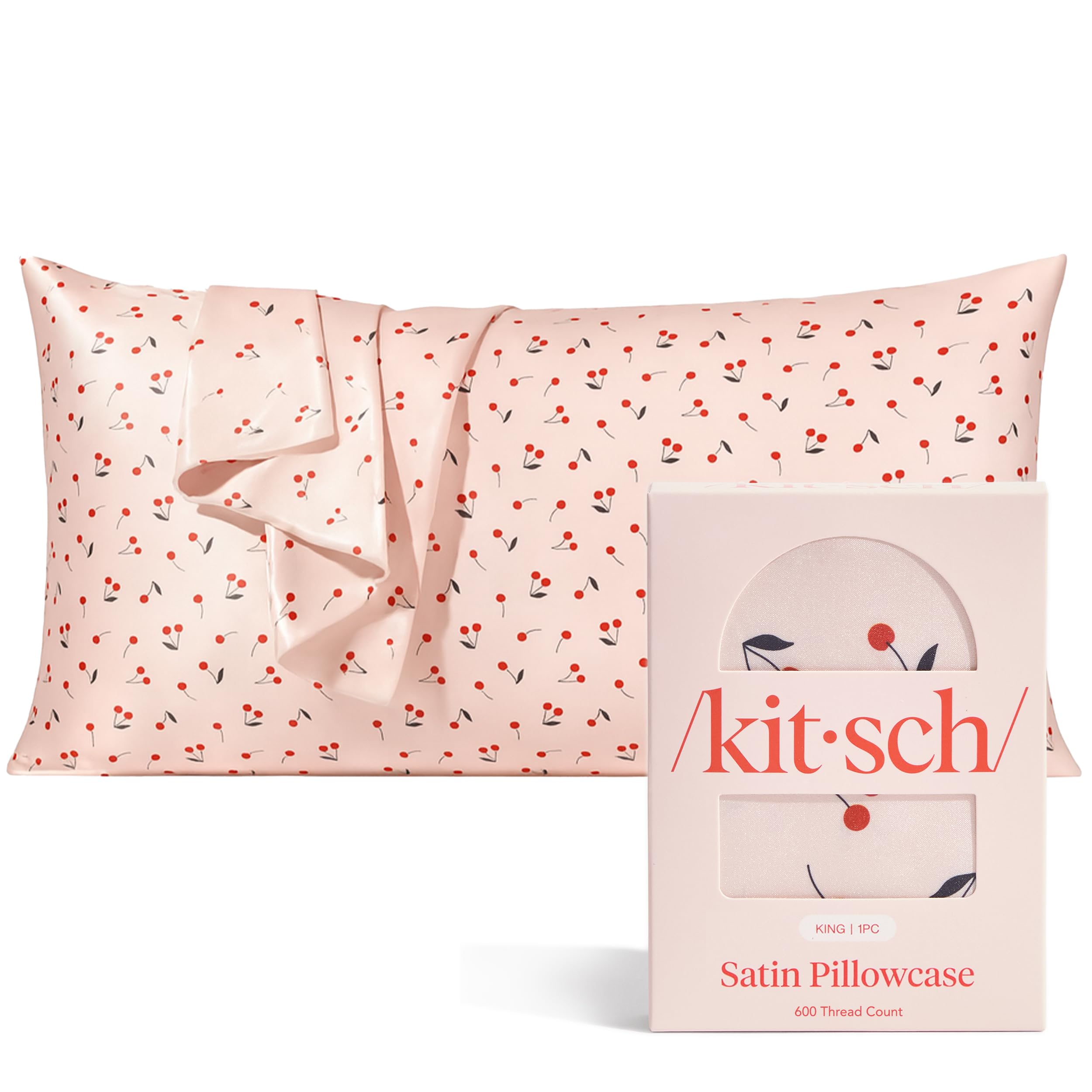 Kitsch - Morbida federa in raso con cerniera, delicata su pelle e capelli, per un sonno di qualità, liscia e senza pieghe, formato king size: 48,3 x 91,4 cm, motivo stampato: ciliegie