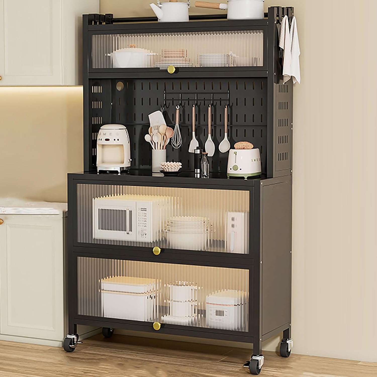 Kitchen Baker's Rack with Flip Door Cabinet, 5 Tier Kitchen Storage Cabinet, Freestanding Kitchen Cabinet, Metal Storage Shelf for Spices, Pots and Pans (Color : Bla