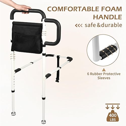 Miniatura 6 de Rieles de cama para adultos mayores, bastón de cama ajustable con pie de soporte resistente y 2 bolsillos de almacenamiento, riel de seguridad de