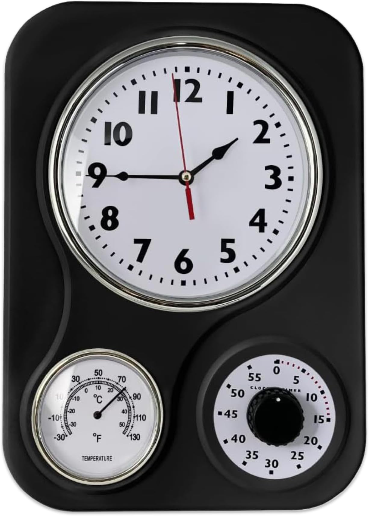 Lily's Home - 9.5 Inch x 12.5 Inch - Retro Kitchen Wall Clock, Vintage Wall Clock with a Thermometer and 60-Minute Timer, Ideal for Any Kitchen, Office, or Diner (Black)