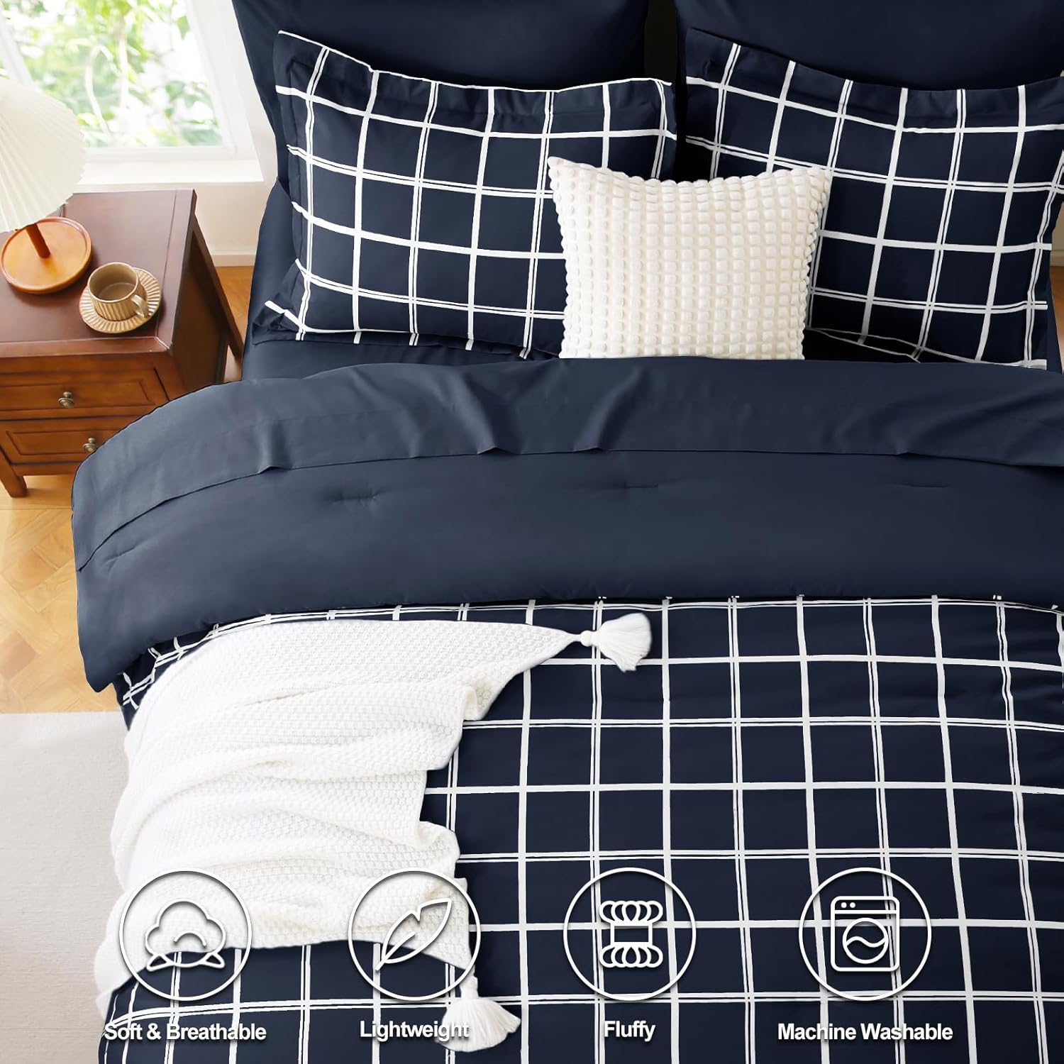 CozyLux Queen Comforter Set with Sheets - 7 Pieces Plaid Bed in a Bag Set Navy Blue, Queen Bedding Sets Bed Set with All Season Quilted Comforter, Flat Sheet, Fitted Sheet, Pillowcases & Pillow Shams Navy Blue Queen