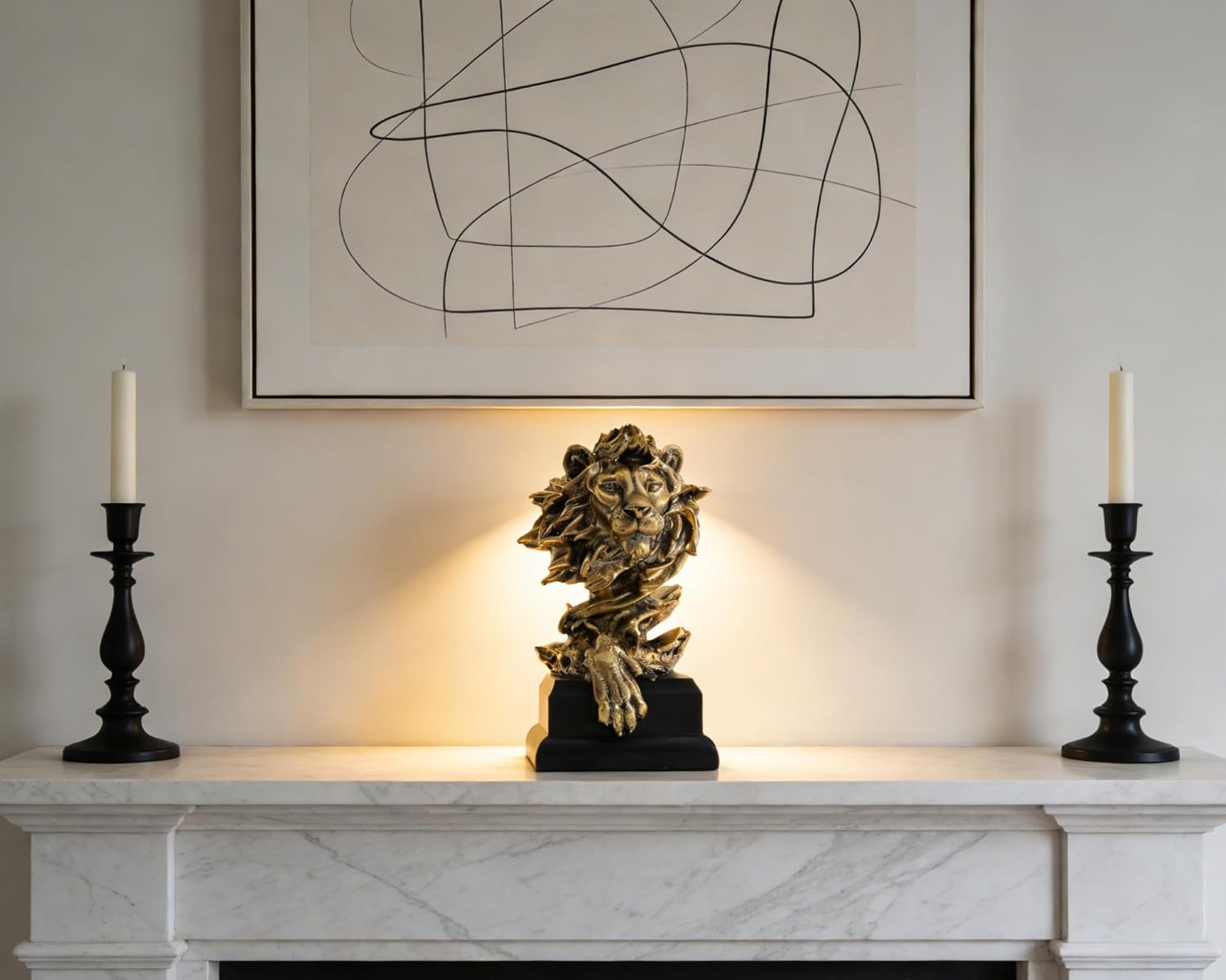 Lion Bust Sculpture with Matte Black Base 9 inch Anqitue Gold, Abstract Design for Shelf Desk Office Decor, Gift for Leo Big Cat Enthusiasts