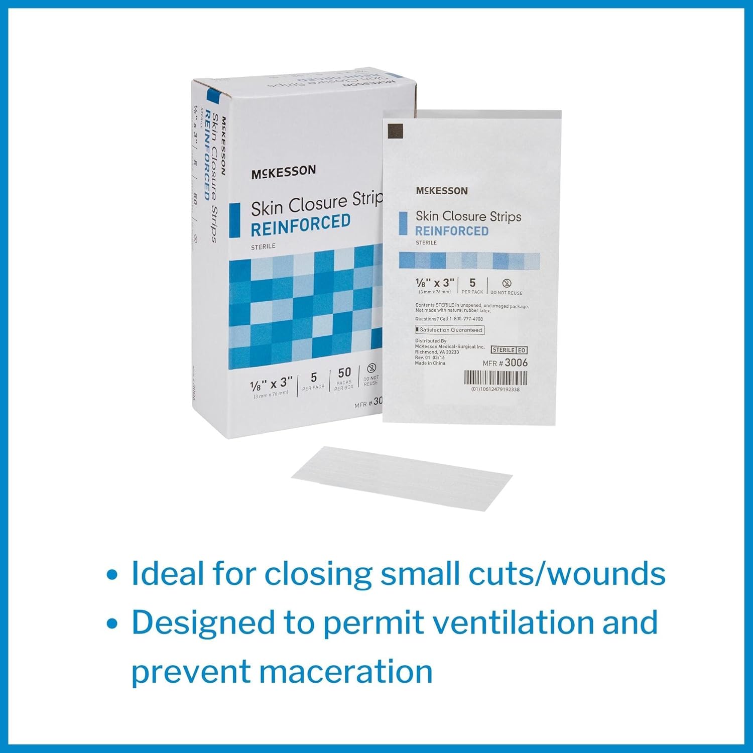 McKesson Skin Closure Strips, Sterile, Reinforced, 1/8 in x 3 in, 50 Count