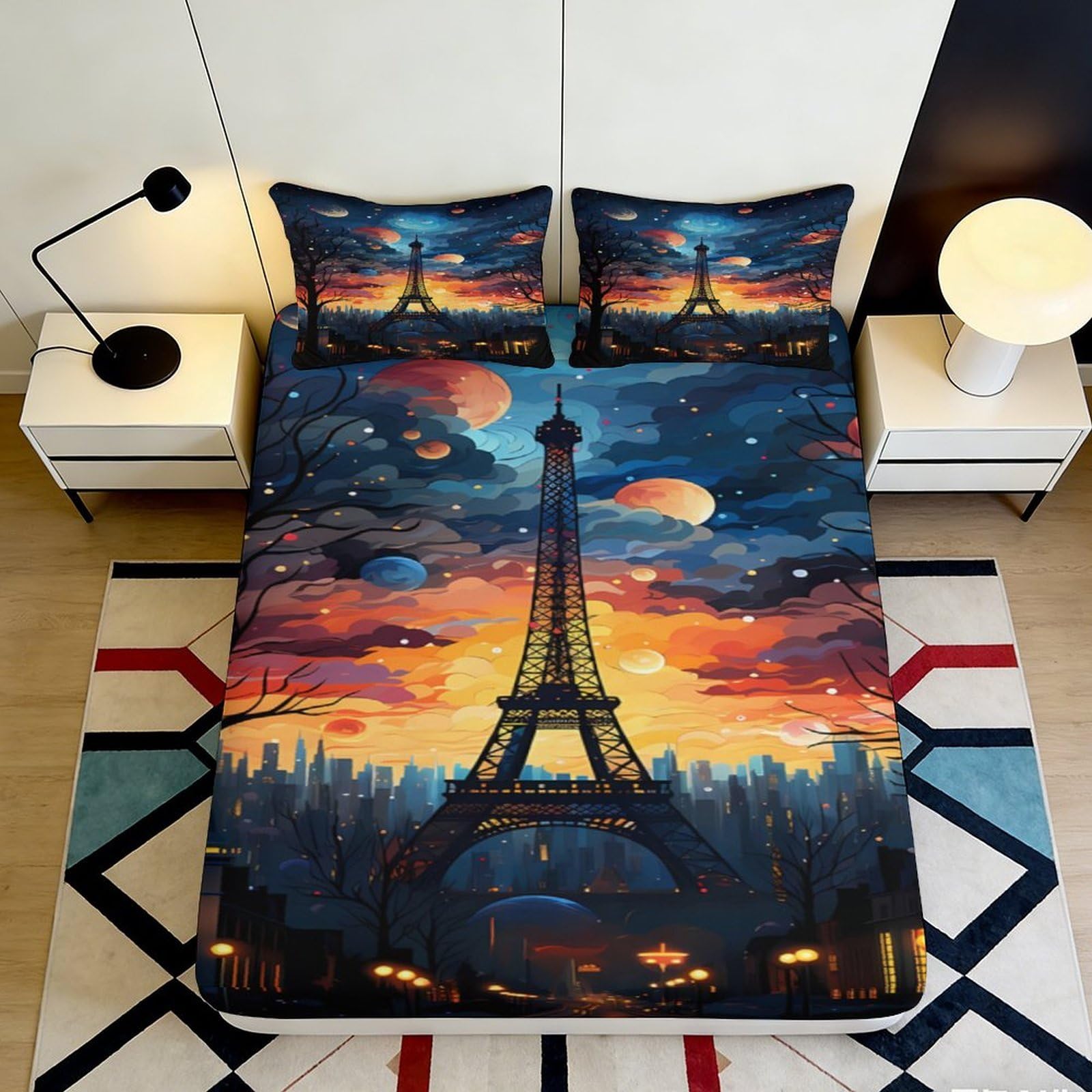 3D Printed Eiffel Tower Fitted Sheet Microfiber Deep Pocket Bedroom Bedding Paris Skyline Mattress Fitted Cover 160x200x25cm