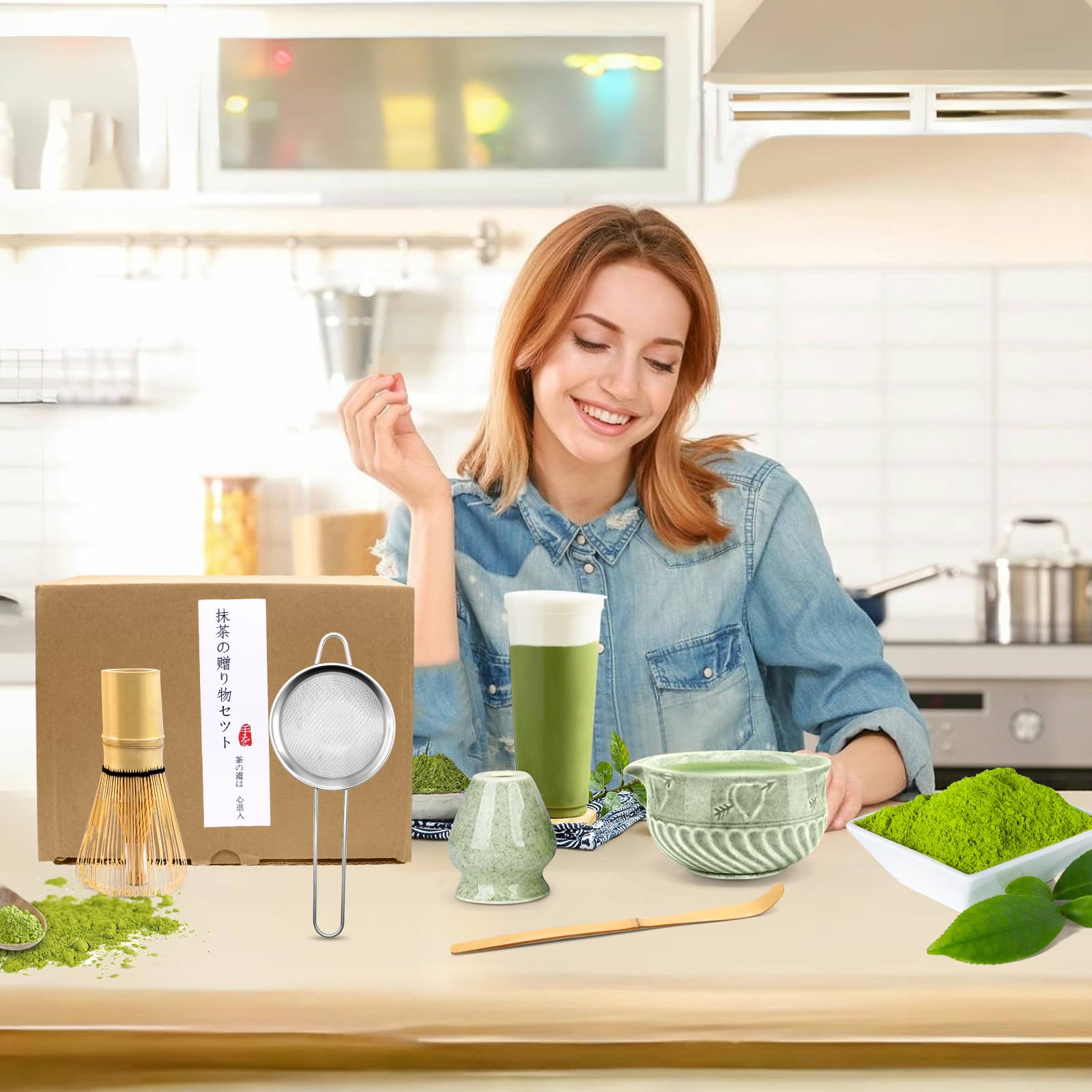 5 piezas Matcha set, Juego de té Japonés Premium, Matcha Kit con Batidor Te Matcha Cuchara Te Matcha Soporte de Batidor de Cerámica, para Amantes del té(Color matcha)