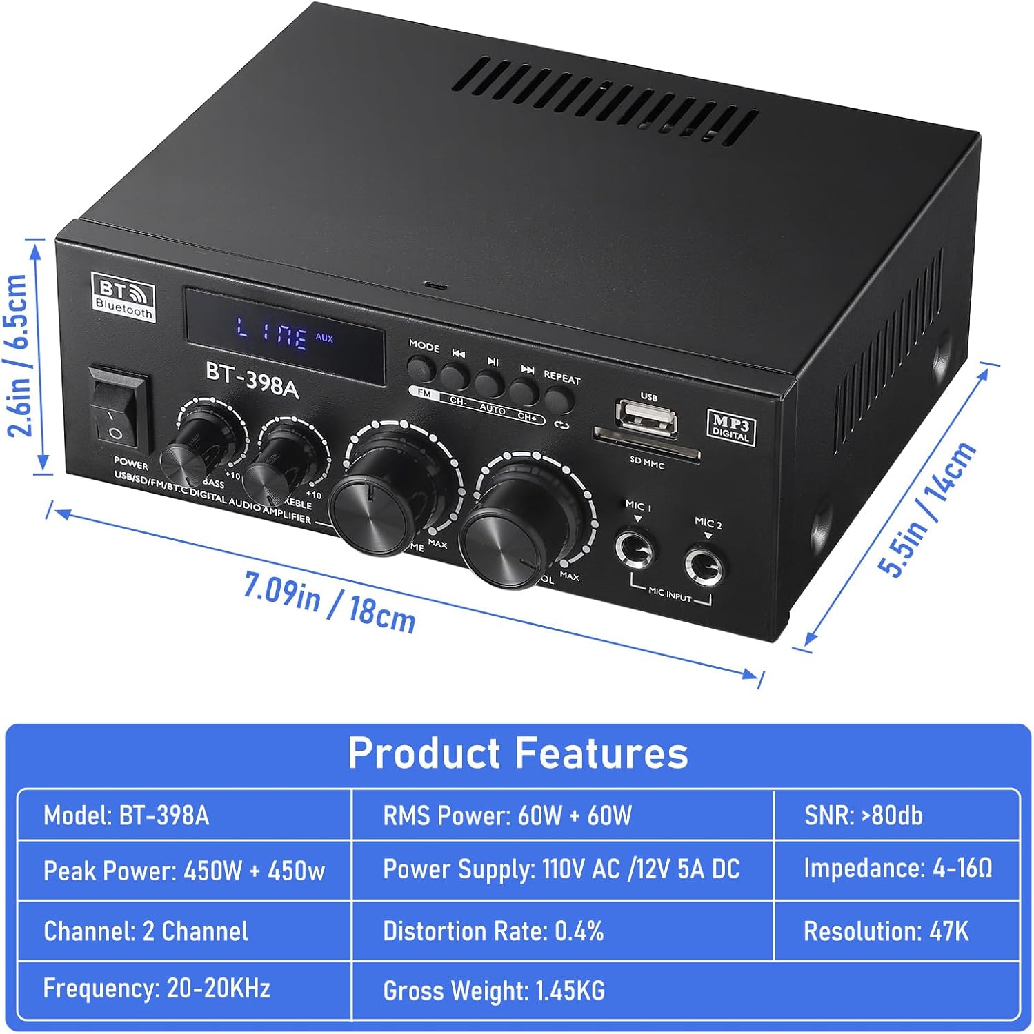 Facmogu BT-398A Stereo Digital Audio Amplifier, Max 450Wx2 HiFi Sound Audio Power Amplifier System, 2.0 Channel Receiver Amp for Home Theater Garage w/Fiber/Copper Jack, USB/SD/AUX/RCA/MIC in w/Echo - Image 7