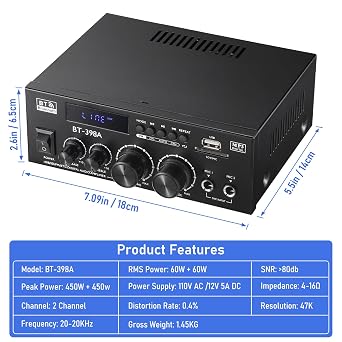 BT-398A Stereo Audio Amplifier, MAX 450W 2 Channel Wireless Bluetooth 5.0 Power Amplifier System,w/USB, SD, RCA, MIC, Optical, Coaxial in, Stereo Amplifiers System for Home Theater Speakers