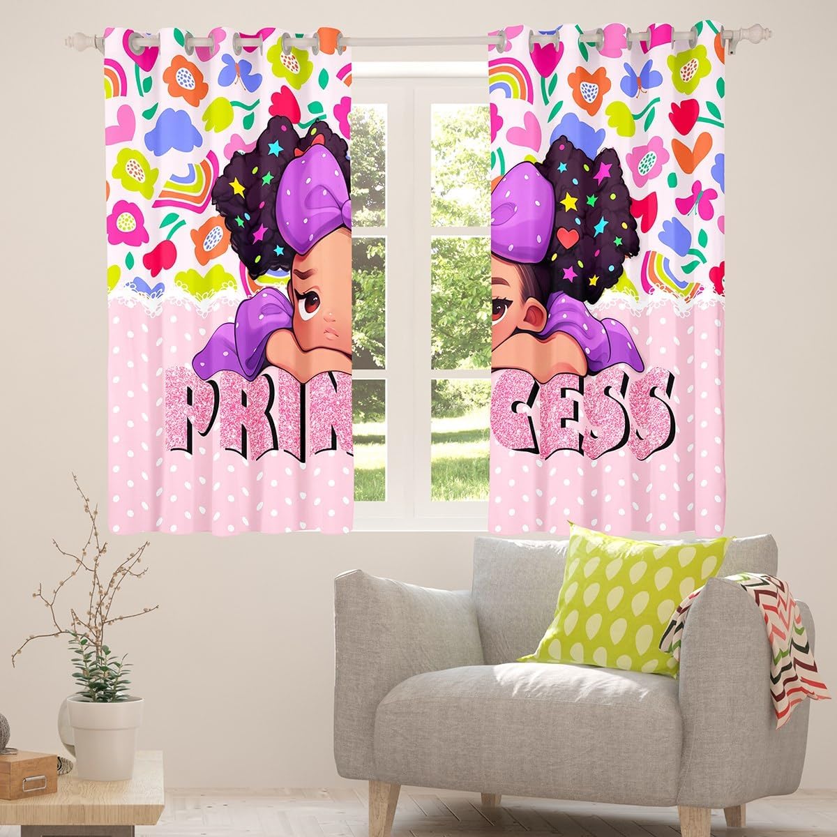 Black Girls Window Curtain,Princess Girl Pink Diamond Glitter Pattern Curtains,Cute African Style Americans Window Treatment Curtain Kids Teens Cartoon Colorful Flower Window Drapes,2 Panels,42Wx63L