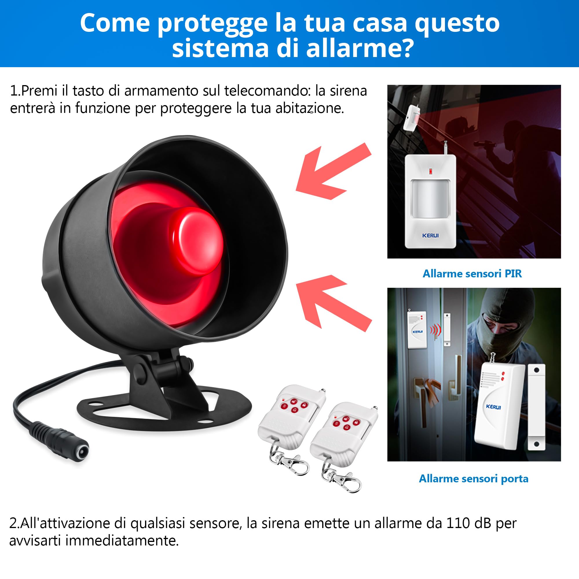 TOWODE Sistema di Allarme Domestico Wireless Kit Antifurto Sistema di Allarme di Sicurezza con Sirena 115dB, Sensore di Allarme Porta, Sensore di Movimento e Telecomando