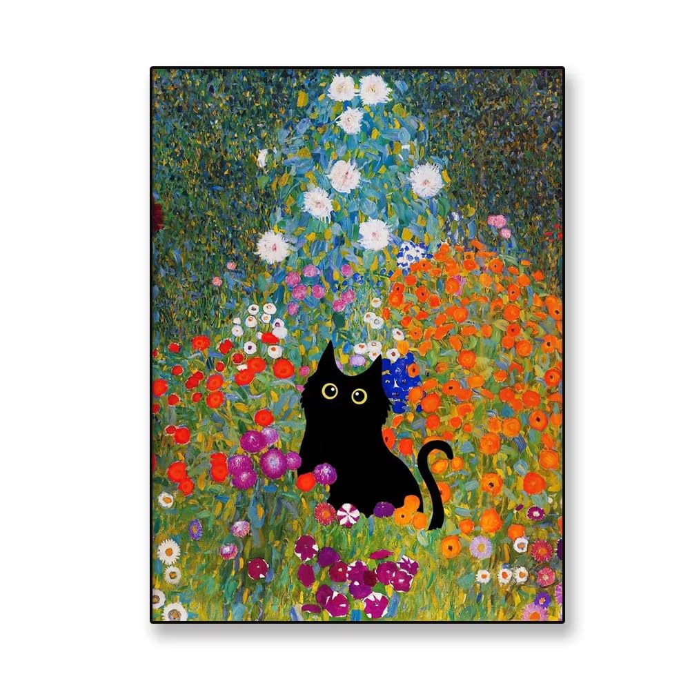 AEFOUU Classical Poster Gustav Klimt Garden Cat Print Flowers Funny Black Cat Art Canvas Painting Floral Pictures Home Decor(80x120cm/32x48in/Frameless)
