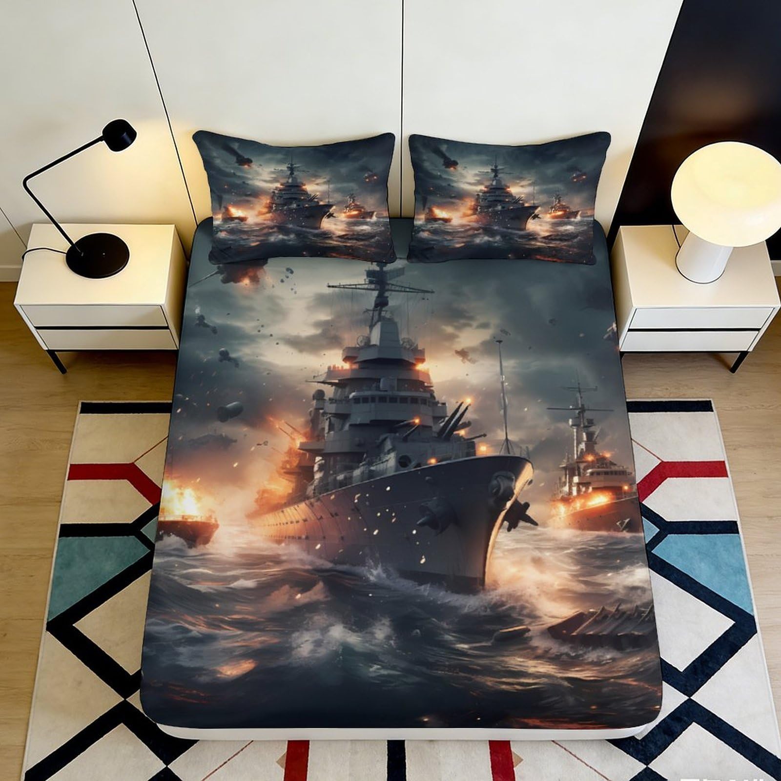 3D Printed Battleship Ocean Fitted Sheet Microfiber Soft Mattress Cover Warship Fire Bedroom Decor Mattress Protector 90x200x25cm