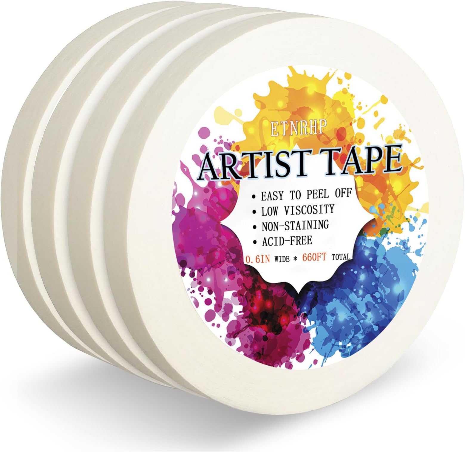 4 Packs White Artist Tape for Watercolor Paper Drafting Art Low Tack Masking Tape Acid Free Painter Watercolor Tape for Painting Canvas Framing, 0.6inch Wide 660FT Long Total