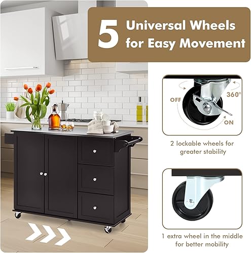 Miniatura 5 de Isla de cocina con parte superior de acero inoxidable, carrito de cocina rodante con armario de almacenamiento, 3 cajones, toallero y estante para
