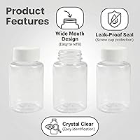 Vista 3 de 12 botellas transparentes de plástico de 3.3 onzas líquidas, contenedor vacío con tapa de rosca blanca, estuche de polvo sólido, soporte