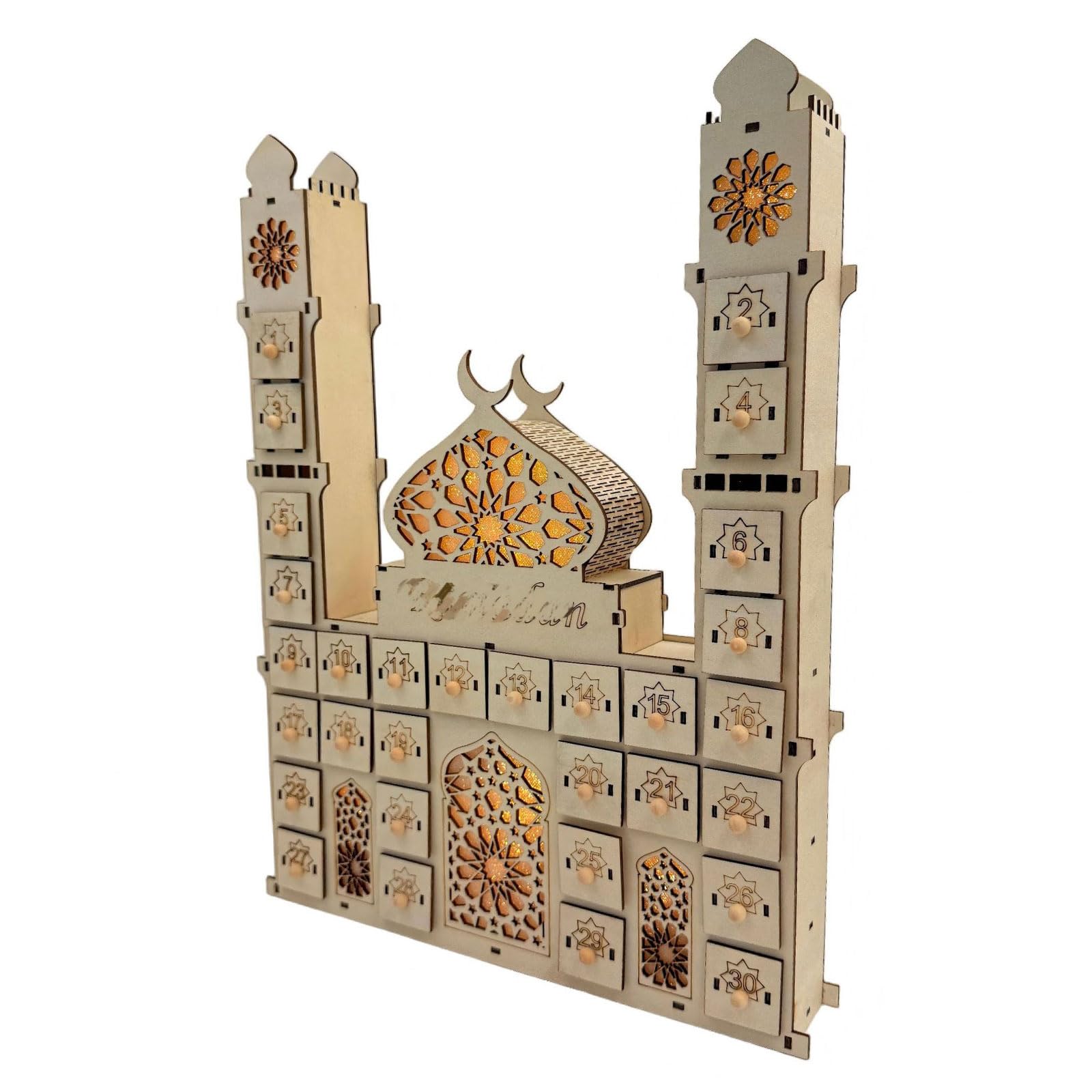 ordinarYone Calendario per conto alla rovescia dei castelli del Ramadan, con luce a LED e 30 cassetti, in legno, decorazioni per l'avvento per feste islamiche