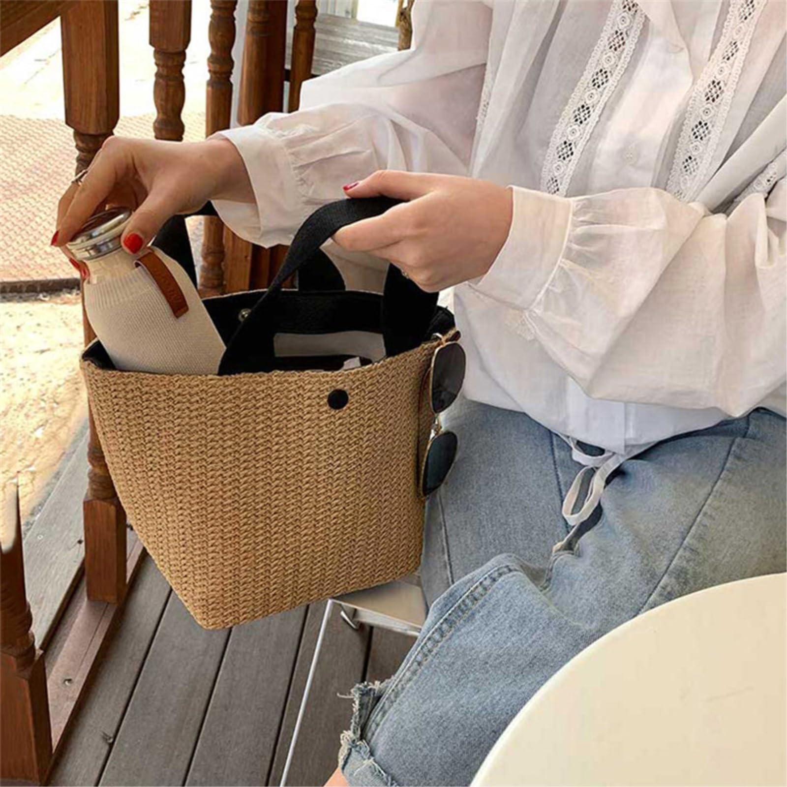 Strohtasche Damen Strandstroh Gewebt Schulter Crossbody Tasche, Frauen Sommer Rattan Eimer Handtasche-Black