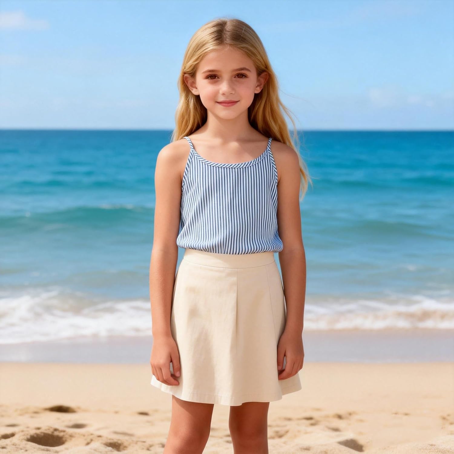 Girls Cotton Linen Shirts Summer Trendy Tee Short Sleeve Crew Neck Blouses Striped Spaghetti Strap Tees Casual Top