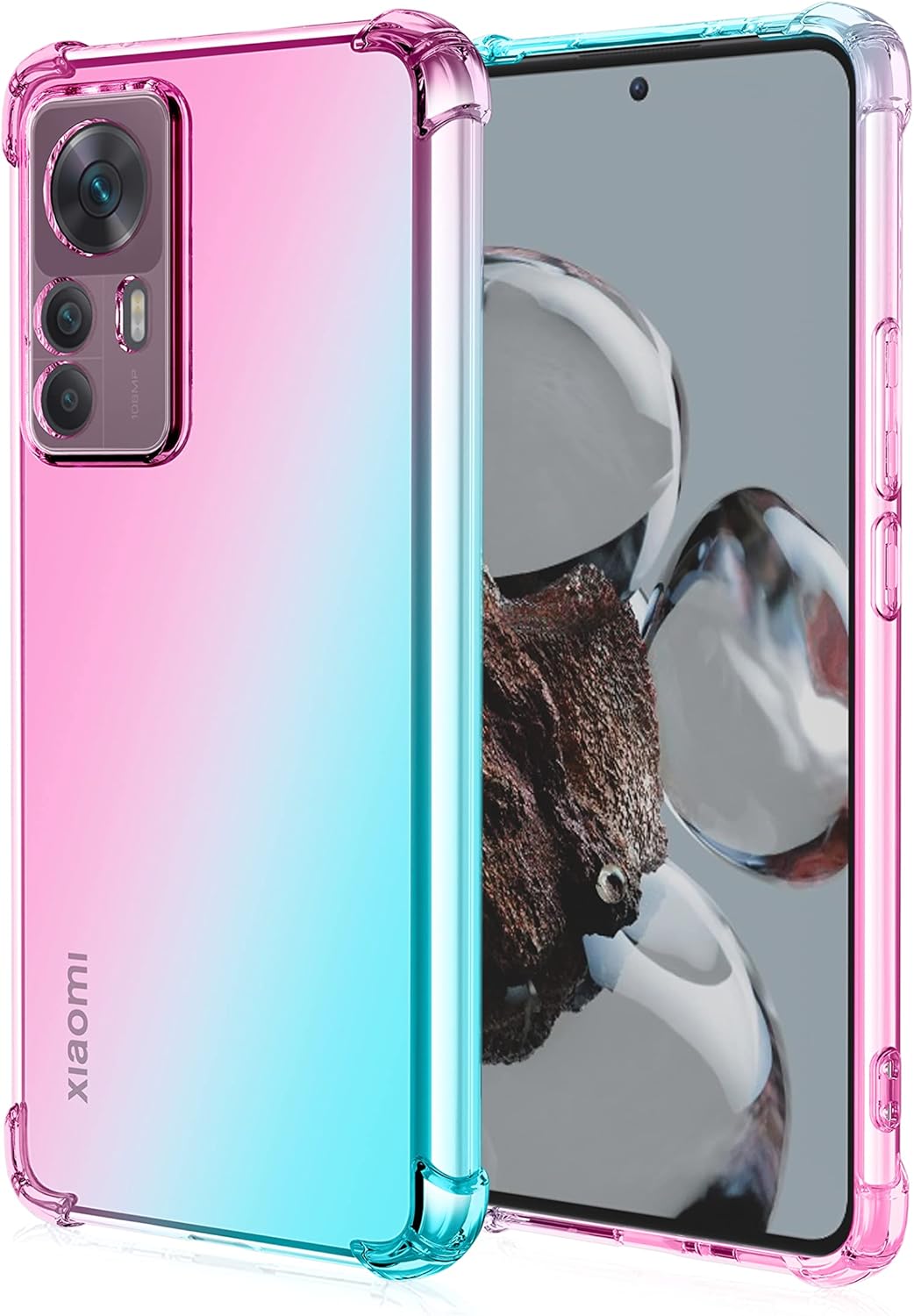 DEDUX Funda para Xiaomi Mi 12T Pro 5G, [Refuerzo de Cuatro Esquinas] Carcasa Gradiente Transparente TPU Suave Funda Case (Rosa/Verde)