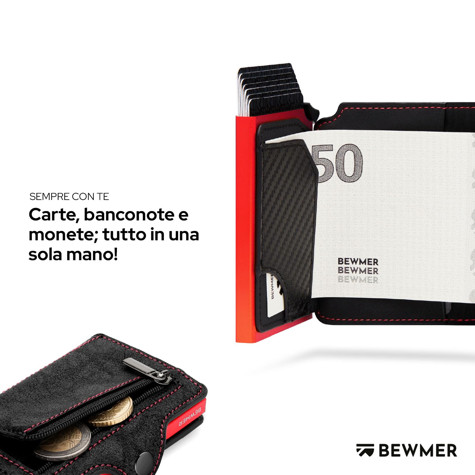 BEWMER Porta Carte di Credito 1 ZIP Schermato | Portafoglio Slim da Uomo e Donna | Porta Tessere e Documenti con Rfid Protection e Fermasoldi in Carbon Fiber (Nero e Rosso con Zip)