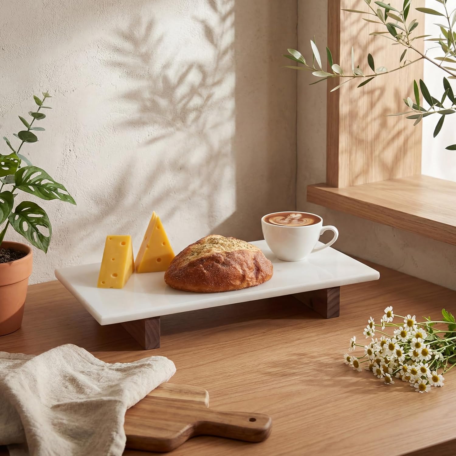 Marble Charcuterie Board Display White Cheese Cutting Footed Stand Tray with Wooden Feet 15.75"L x 8" W x 2.5" H for Vanity, Kitchen and Serving, or as a Gatherings Elegant Cheese Board Gift