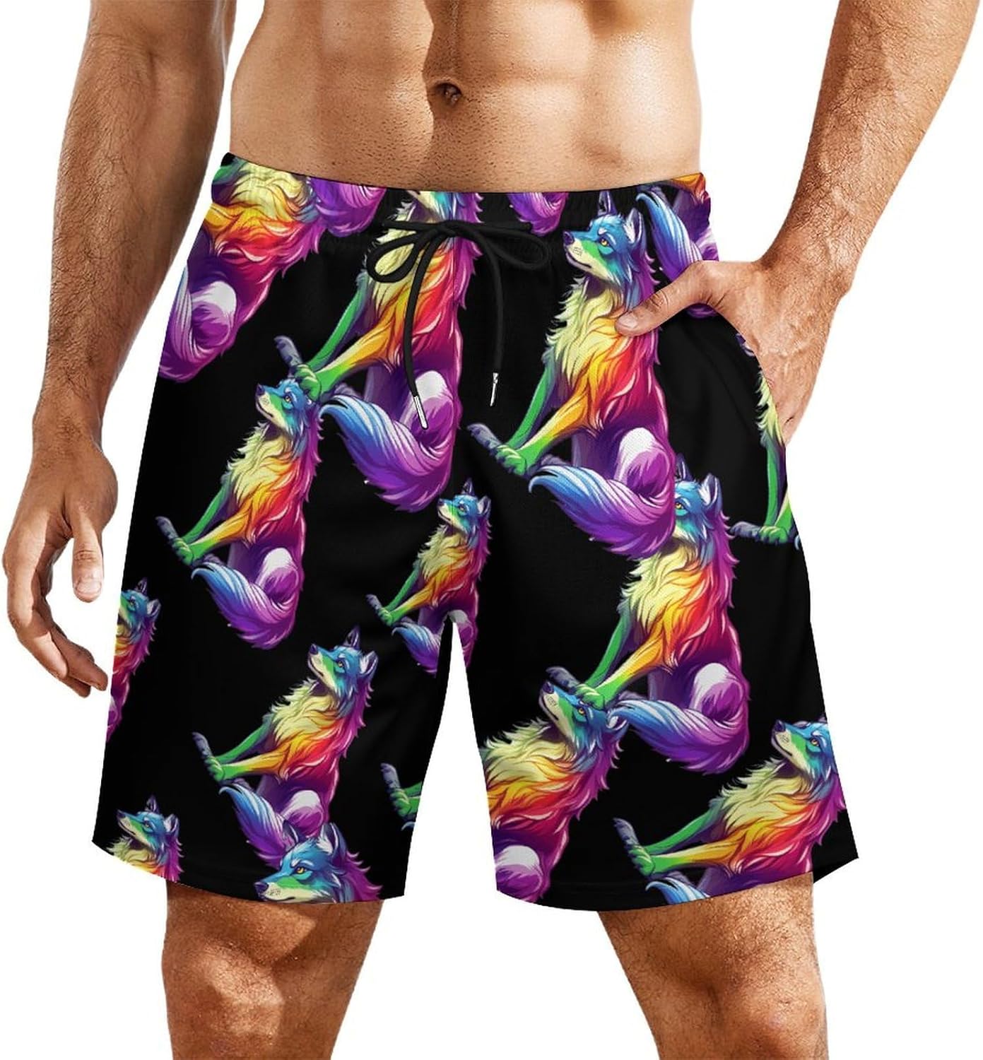 Colorful LGBT Wolf Mens Swim Trunks Summer Beach Shorts Board Shorts Swimwear Bathing Suits with Pockets