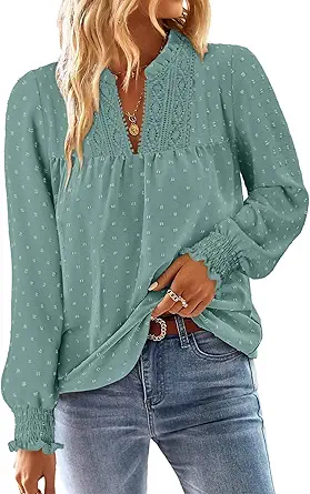 BETTE BOUTIK Women Boho Long Sleeve Shirts Dressy Casual V Neck Fall Fashion Tops Swiss Dot Flowy Blouses