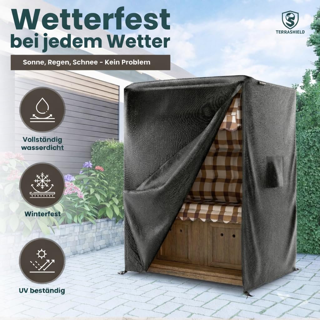 TERRASHIELD® Strandkorb Schutzhülle | wasserdicht winterfest wetterfest UV-beständig atmungsaktiv | 600D Oxford | Abdeckung Strandkorbhülle Abdeckhaube Abdeckplane | 120 x 90 x 160 B/T/H | schwarz