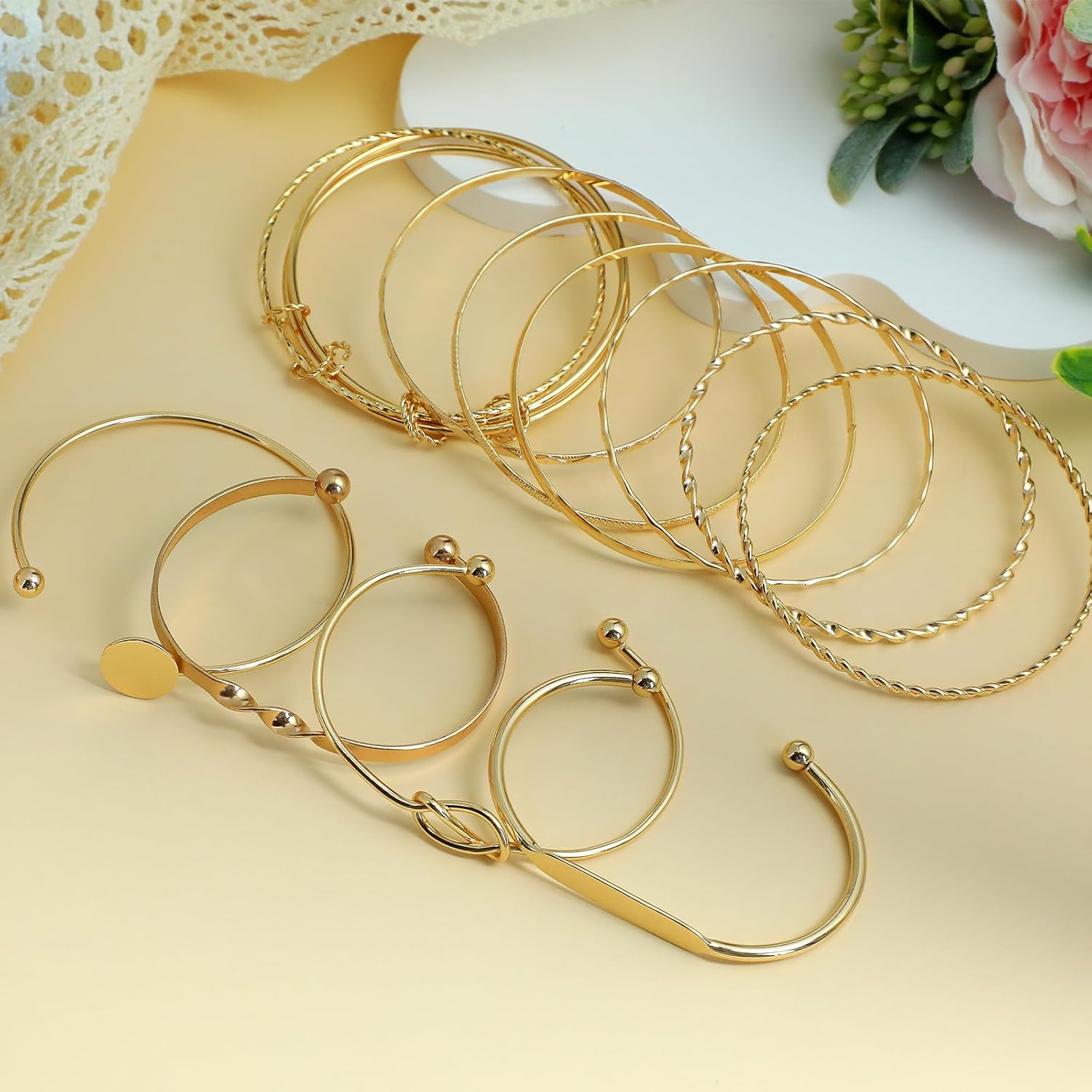 11Pcs Gold Bangle Bracelets for Women,Adjustable Bangle Bracelet,Multi Layer Open Stackable Cuff Bracelet Set,Fashion Accessories Jewelry Gifts for Women - Image 3