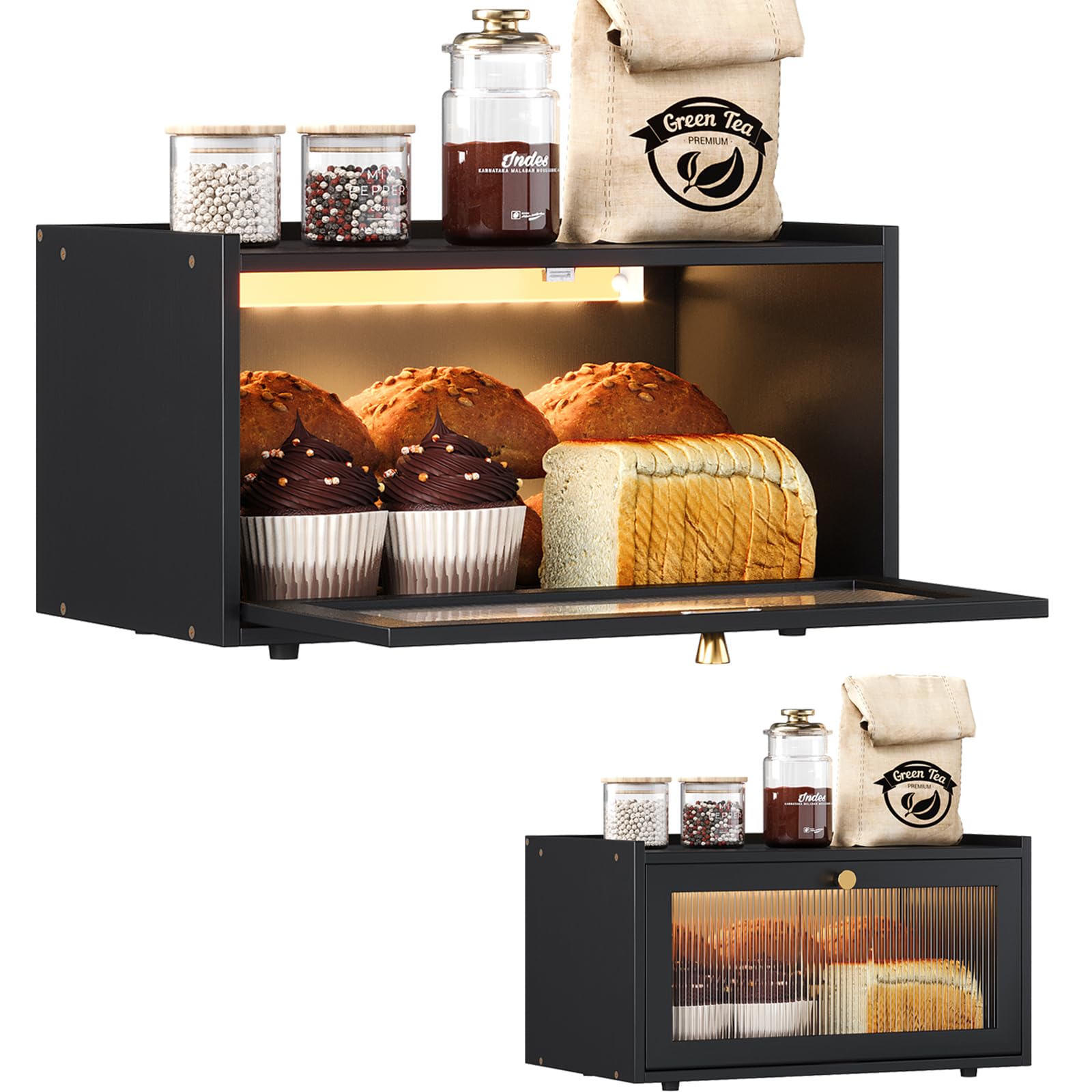 VEDECASA Panera de bambú con iluminación LED, gran panera para la cocina, panera para encimera con ventana, color negro (negro, 1 nivel)