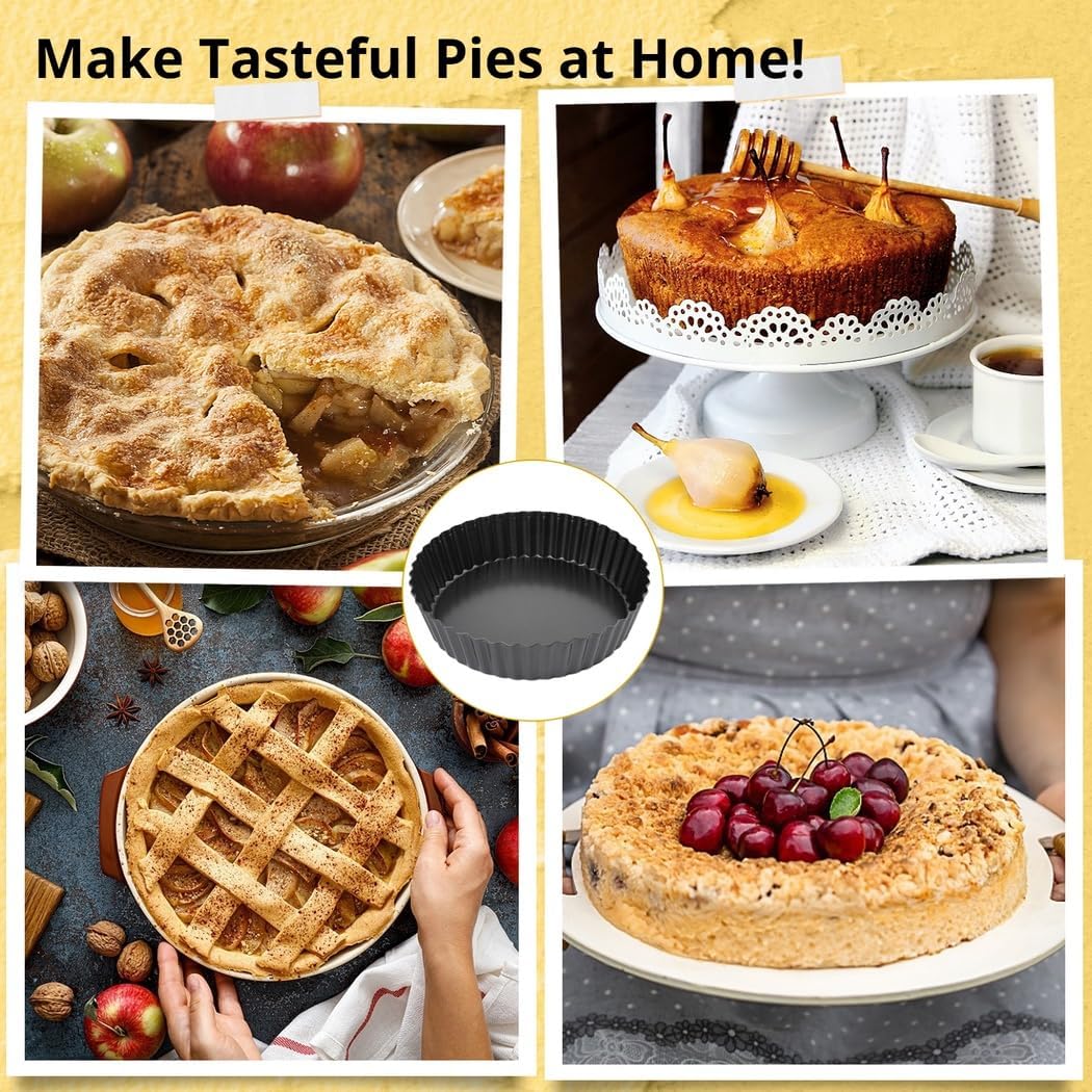 9''/22.8 Cm Fluted Round Tart Quiche Pie Pans, 2 Packs Non-Stick Pie Pans with Bottom Removable, Easy to Use and Clean, Carbon Steel Baking Dish Pan