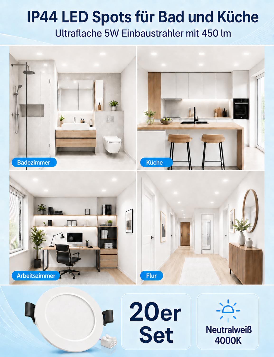 20er LED Einbaustrahler 230V Neutralweiß, 68-80mm Lochmaß