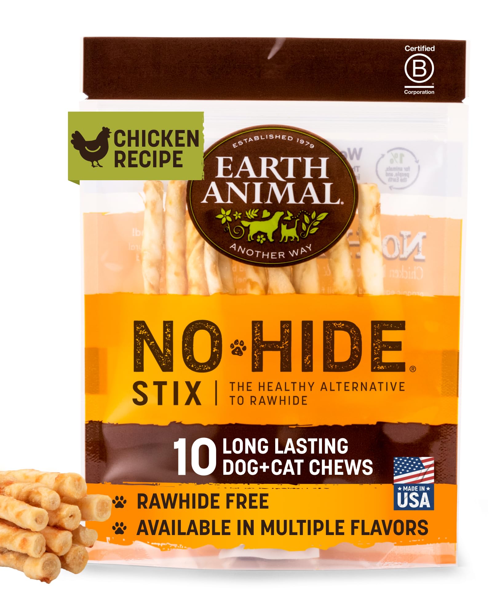 Earth Animal No Hide Stix - Long Lasting Rawhide Free Small Dog Chews Sticks, Chicken - 10 Count