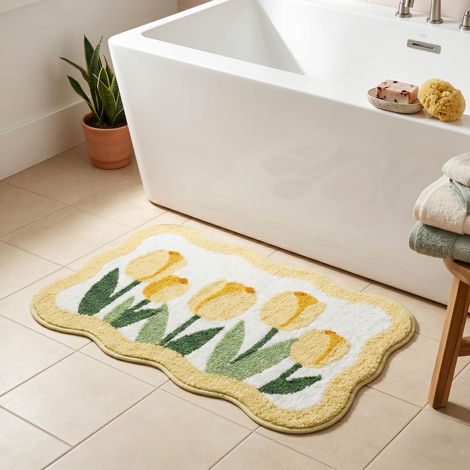 AVEKI Cute Tulip Flocked Bath Mat, Non-Slip Absorbent Soft Shower Rug with Wavy Edge, Extra Soft Plush Bathroom Rug, Decorative Floral Doormat for Bathroom Kitchen Bedroom 20x31in (Yellow Tulips)