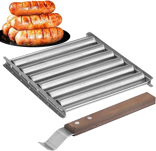 Rodillo de acero inoxidable para perros calientes Estante de rodillo de salchichas con mango de madera extra largo Parrilla de rodillo de