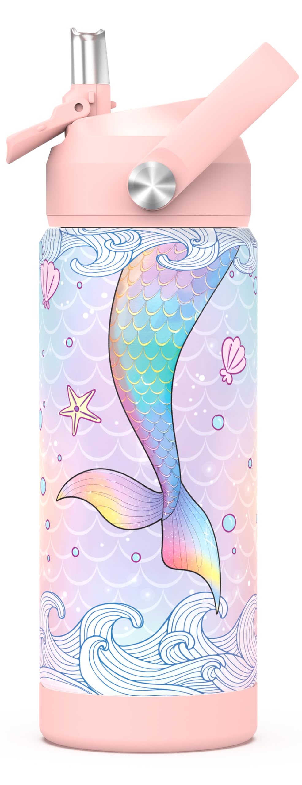 ntskood Boys Mermaid Pink Water Bottle for School，Kids 18 oz Insulated Stainless Steel Cup with Straw, Double-Wall Vacuum Leakproof