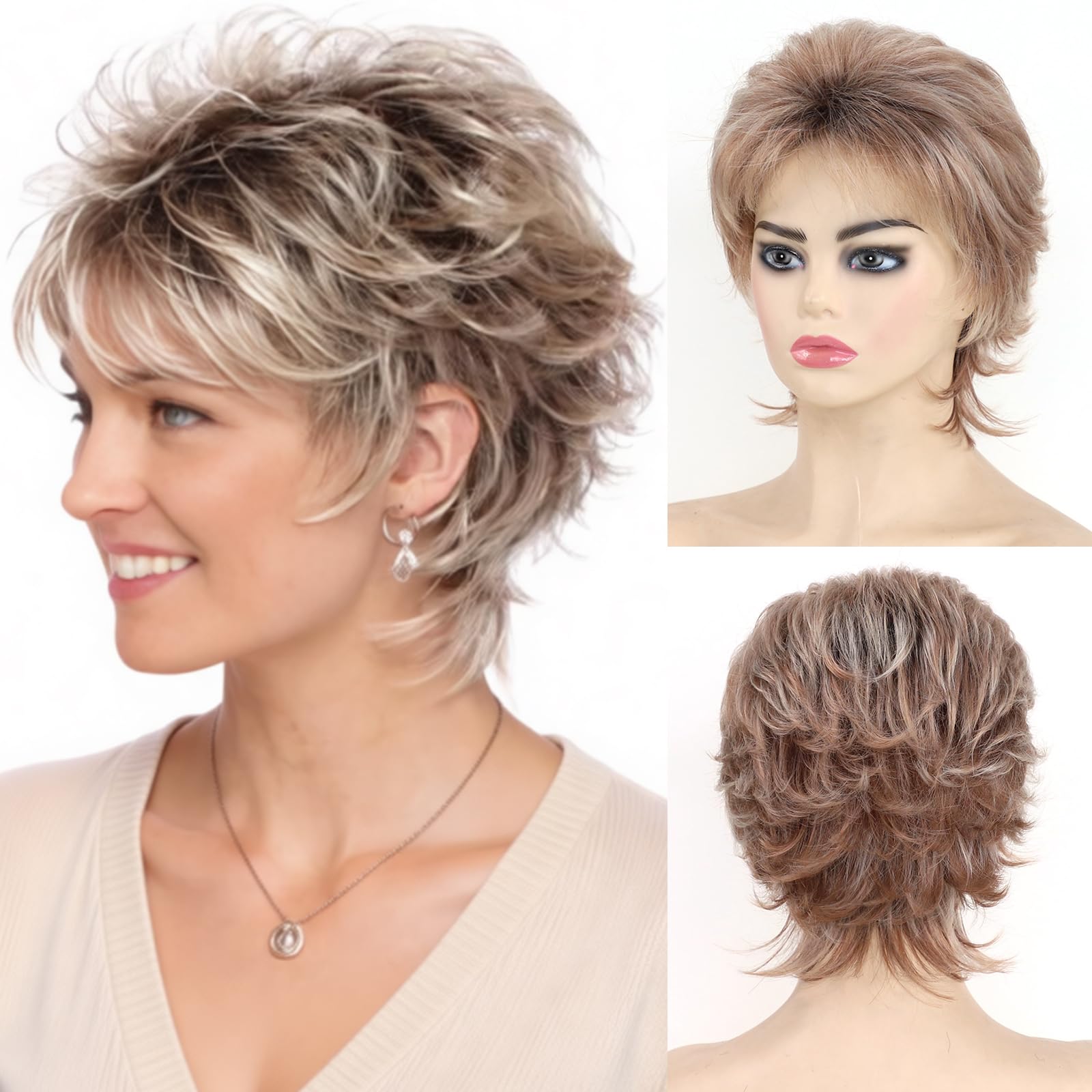 TISHINING Pixie Layered Short Brown Wigs for White Women Ombre Brown Mix Blonde Pixie Cut Synthetic Short Hair Wig with Bangs Natural Looking Daily