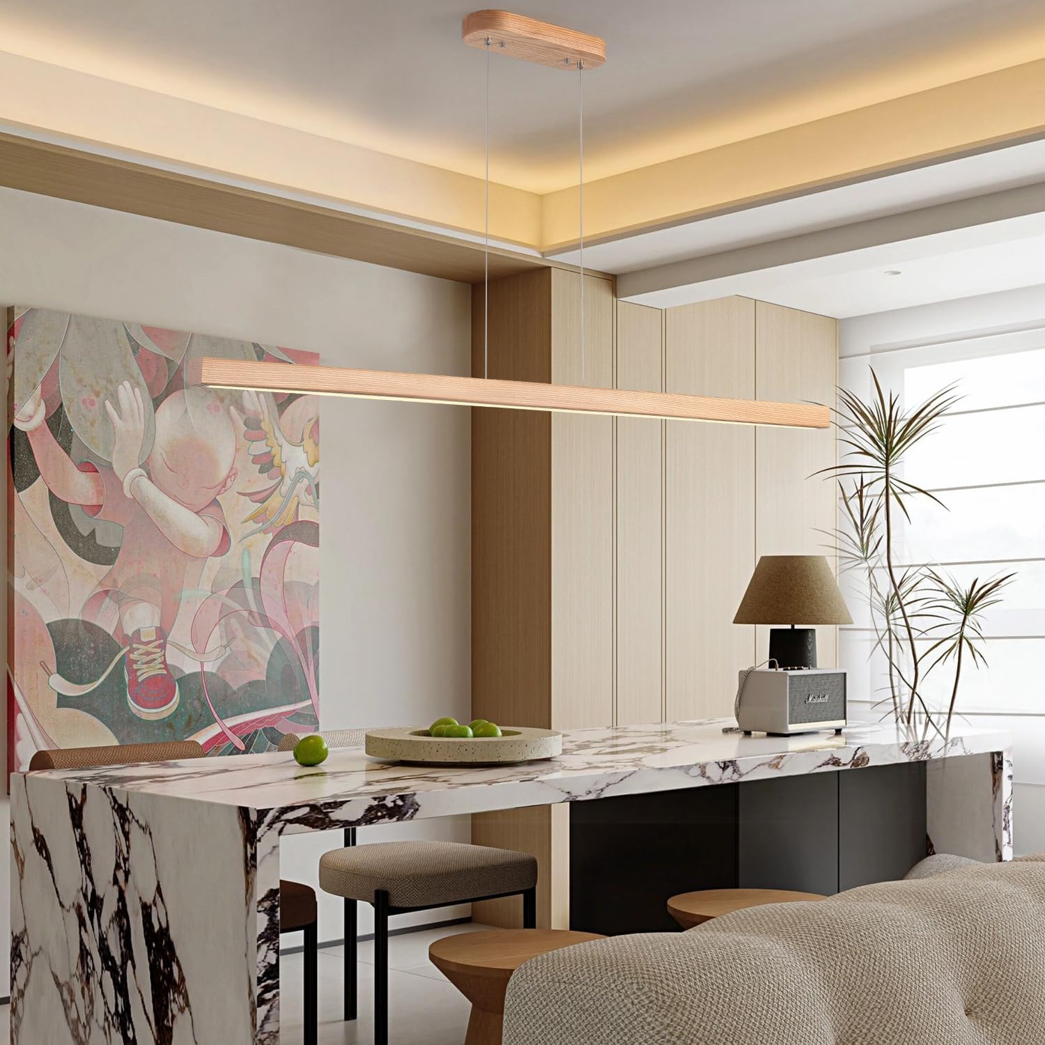 55" Wood Linear Pendant Modern Kitchen Island Light Fixture with Remote Solid Wooden Hanging Ceiling Light Chandeliers for Dining Room Kitchen Pendant Lighting Over Island Natural