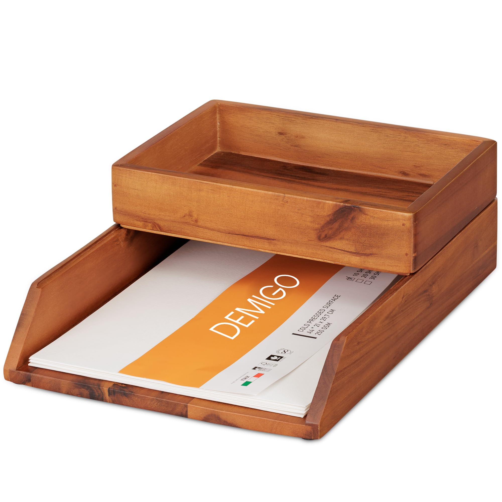 Akazien-Büro-Schubladen-Organizer, 2er-Set, Papier-Briefablage, Aufbewahrungsmappen, Notizbücher, Kopierpapier, Druckpapier, Holz, Schreibtisch, rechteckig, Arbeitsplatzhalter, Schreibwaren-Saver