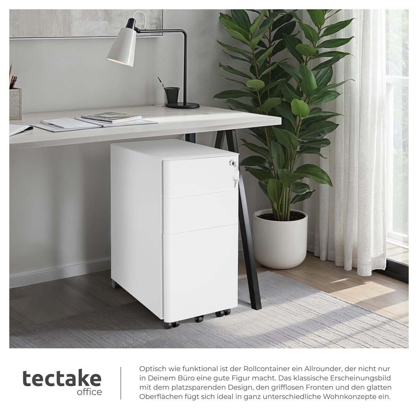 tectake® Büro Metall Aktenschrank mit Rollen, abschließbare Kommode mit Schubladen für Schreibtisch, Rollcontainer, Schubladenschrank, Organzier, Rollwagen Schrank abschließbar (weiß)