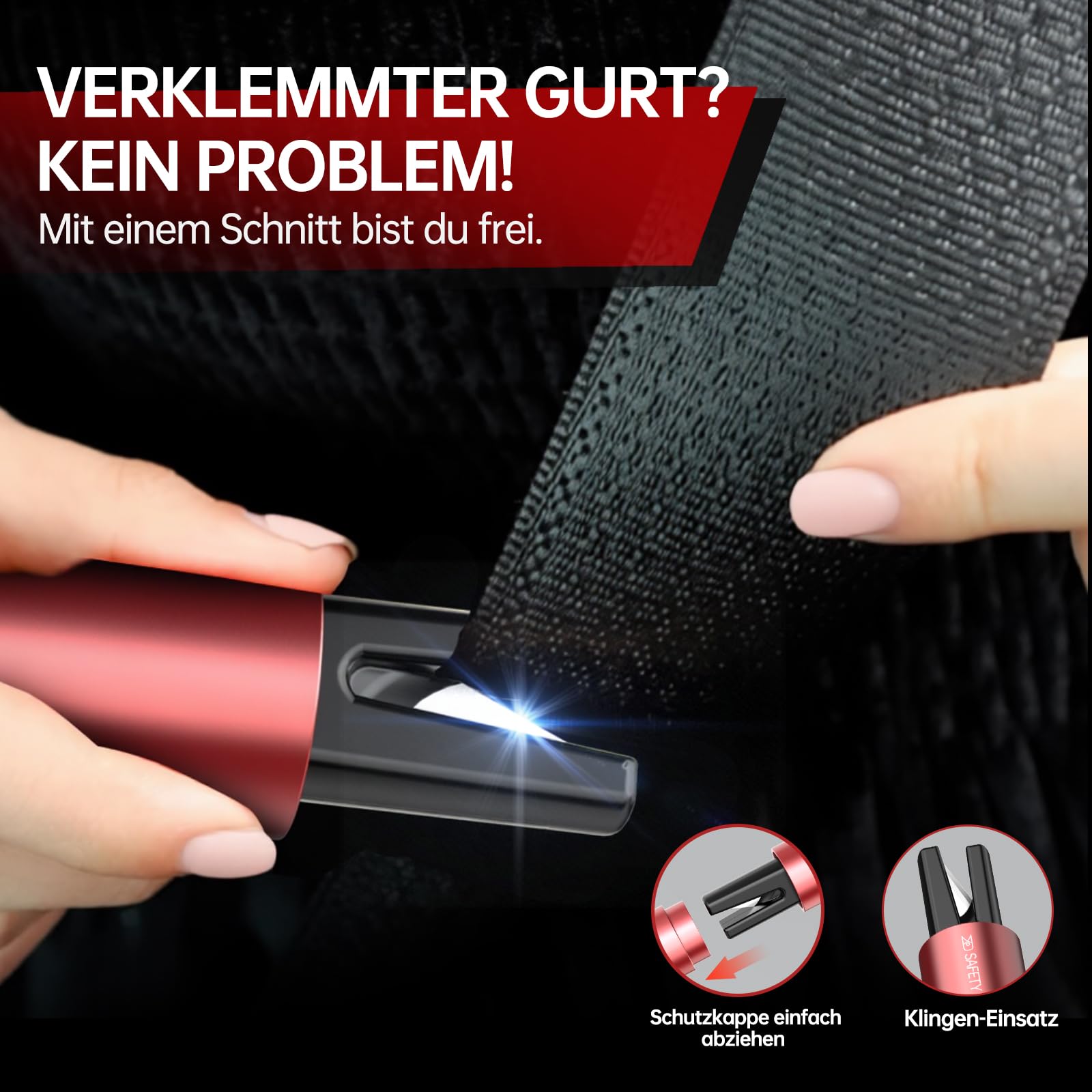 Gecool Martello di Soccorso 2 in 1 con tagliacintura, 4 pezzi kit di sicurezza – frangivetro a molla in tungsteno, lama a U e base adesiva. Ideale per auto e autobus.