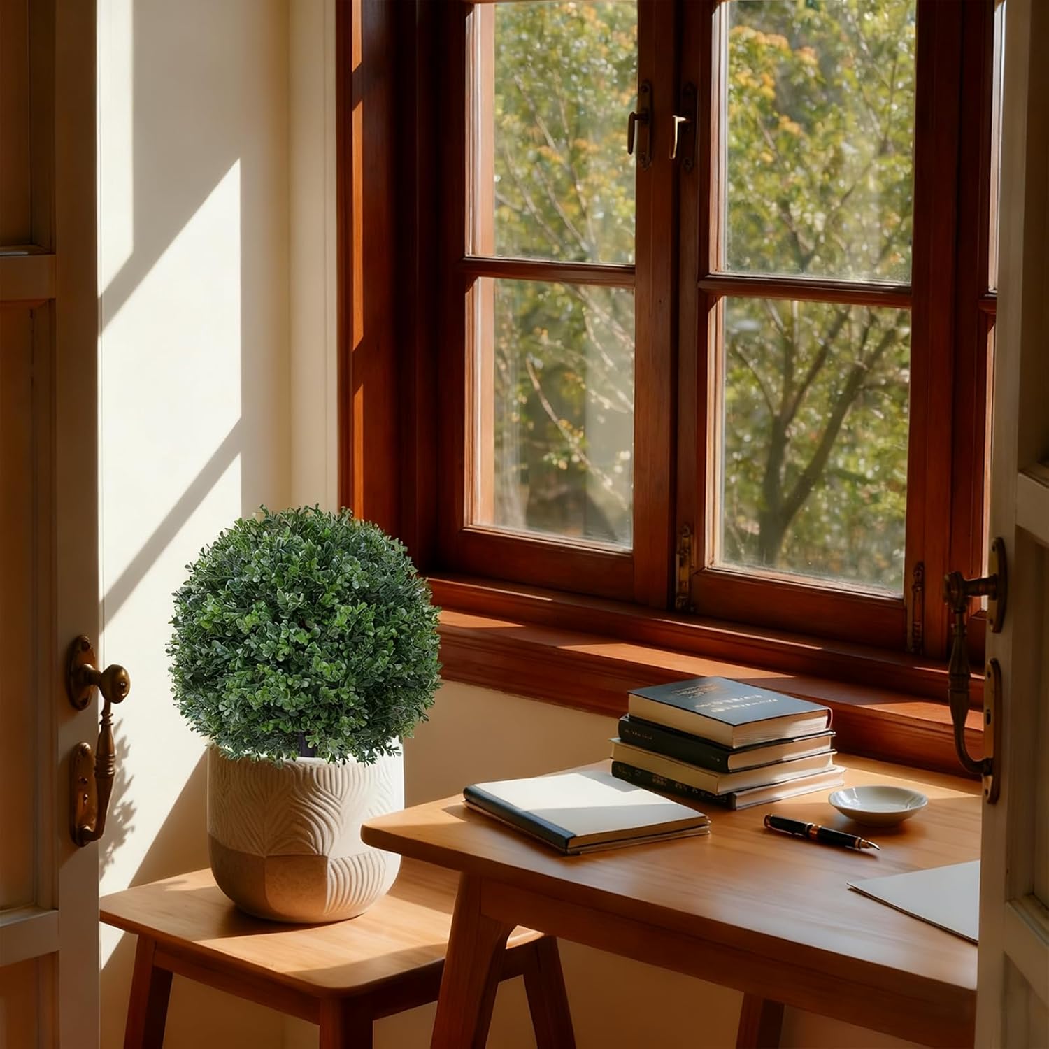 2Pack Artificial Boxwood Topiary Ball Trees,16''UV Resistant Fake Evergreen Shrubs Bushes Plants with Ground Spike, Fake Plants for Outdoor Indoor Front Porch Garden